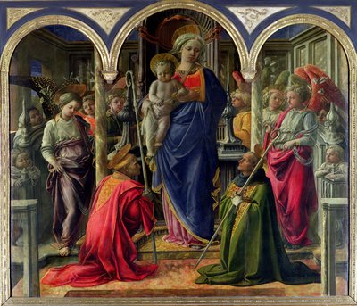 Barbadori altaarstuk: Maagd en Kind omringd door engelen met St. Frediano en St. Augustinus, 1437 door Fra Filippo Lippi